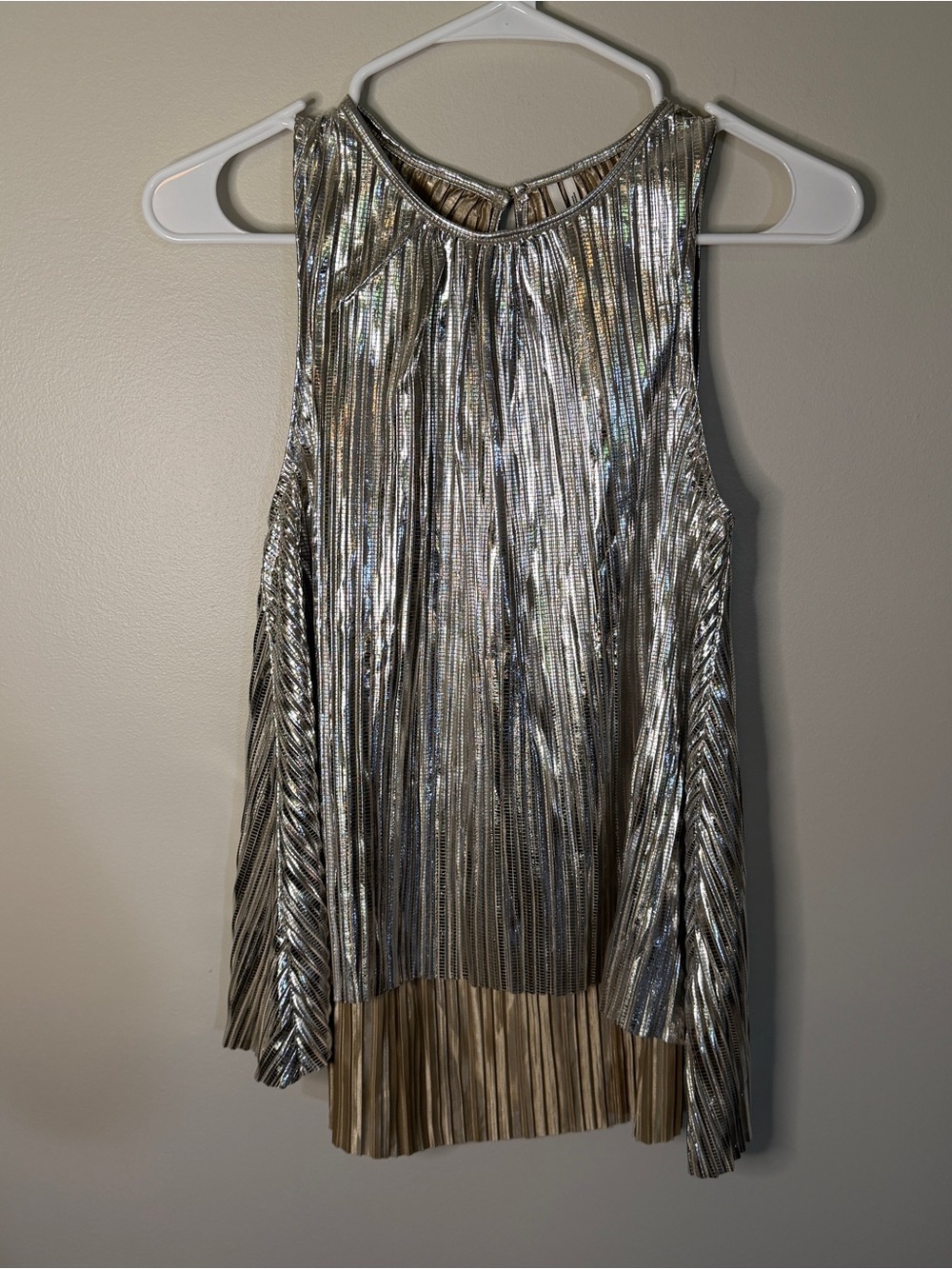 Anthropologie pleated shine metalic tank top silver womens size XXS grunge disco